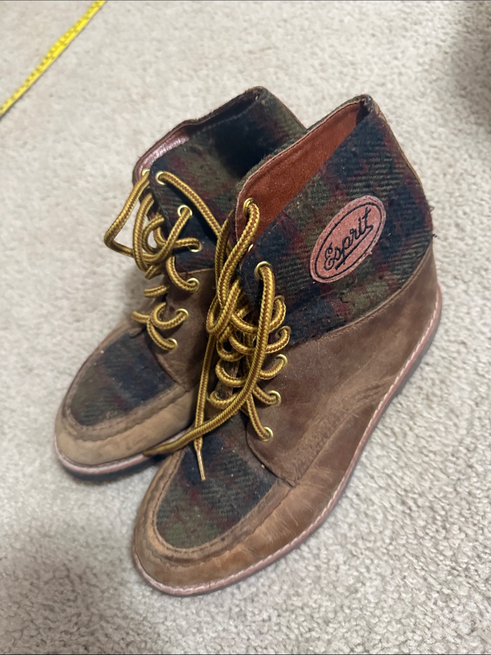 Esprit Brown Suede Ankle Boots with Olive & Burgundy Plaid Panels vintage